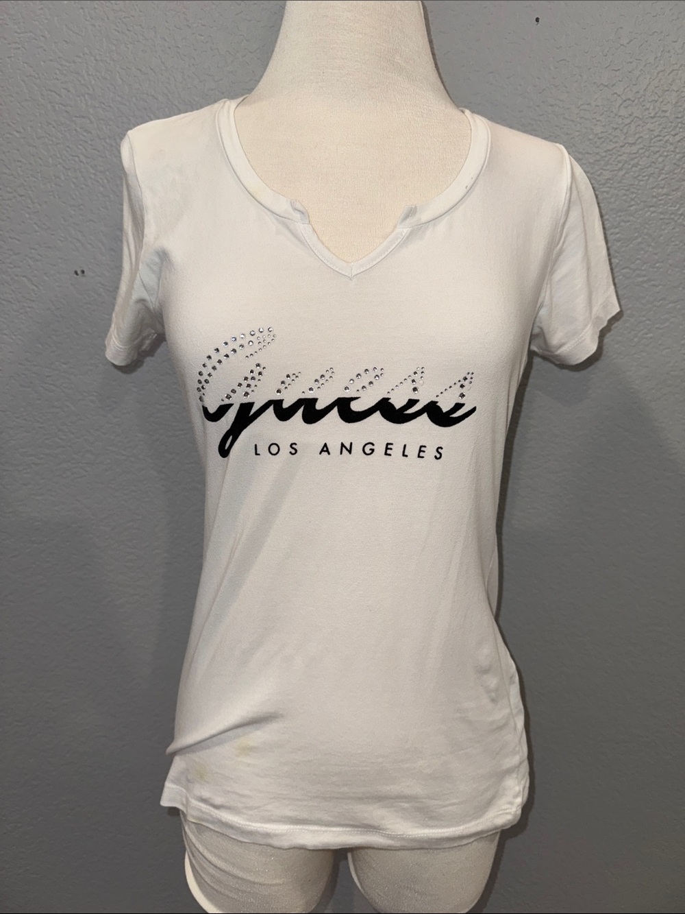 Guess White V-Neck Tee with Crystal-Studded Script Logo